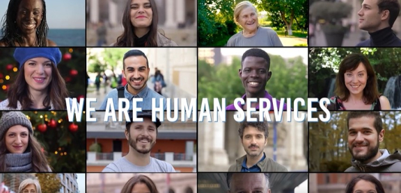 A grid of sixteen photos of smiling adults with the title overlaid: We Are Human Services