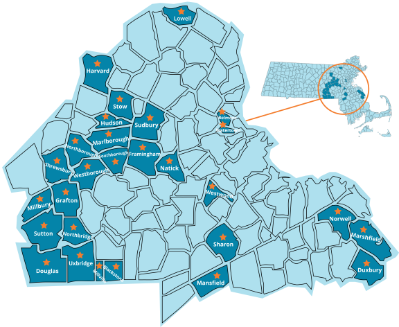 Map of central and eastern Massachusetts highlighting towns that are co-response jail diversion partner communities. The list of towns is below.