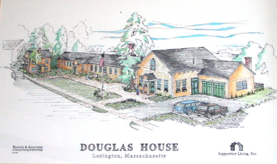 Architectural sketch of exterior of Douglas House residential program.
